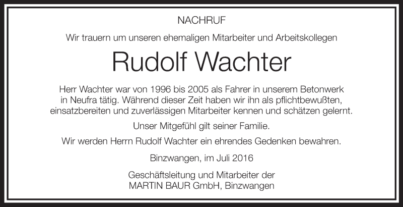  Traueranzeige für Rudolf Wachter vom 06.07.2016 aus Schwäbische Zeitung