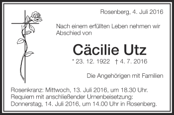 Anzeige von Cäcilie Utz von Schwäbische Zeitung