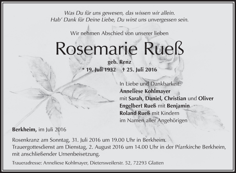  Traueranzeige für Rosemarie Rueß vom 30.07.2016 aus Schwäbische Zeitung