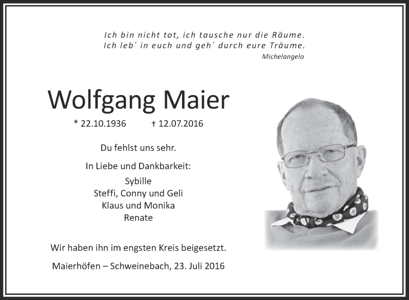  Traueranzeige für Wolfgang Maier vom 23.07.2016 aus Schwäbische Zeitung