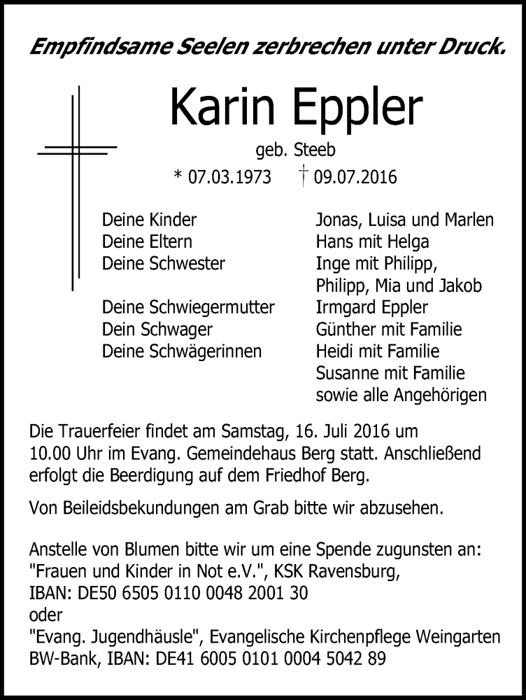  Traueranzeige für Karin Eppler vom 14.07.2016 aus Schwäbische Zeitung