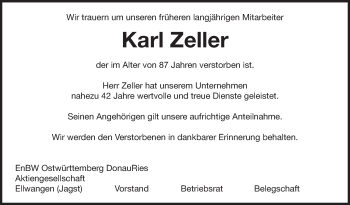 Anzeige von Karl Zeller von Schwäbische Zeitung