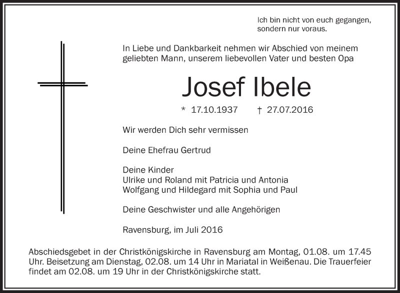 Traueranzeige für Josef Ibele vom 30.07.2016 aus Schwäbische Zeitung