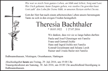 Anzeige von Theresia Bachthaler von Schwäbische Zeitung