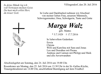 Anzeige von Marga Walz von Schwäbische Zeitung