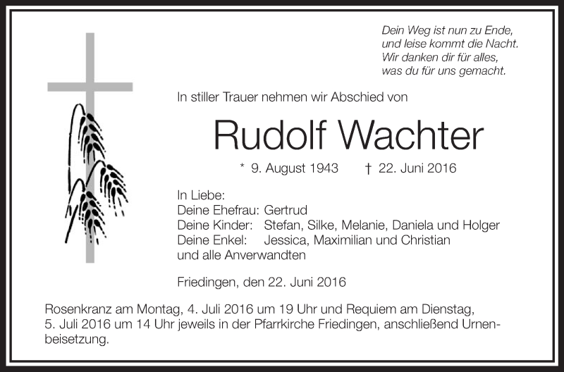  Traueranzeige für Rudolf Wachter vom 02.07.2016 aus Schwäbische Zeitung