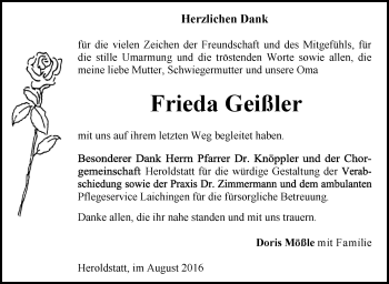 Anzeige von Frieda Geißler von Schwäbische Zeitung