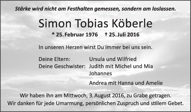  Traueranzeige für Simon Tobias Köberle vom 06.08.2016 aus Schwäbische Zeitung