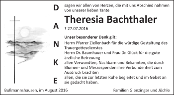 Anzeige von Theresia Bachthaler von Schwäbische Zeitung