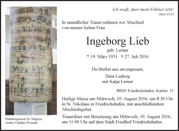 Anzeige von Ingeborg Lieb von Schwäbische Zeitung