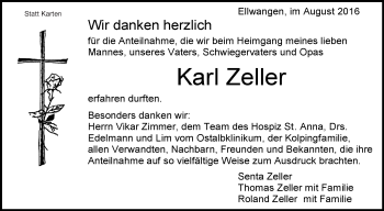 Anzeige von Karl Zeller von Schwäbische Zeitung