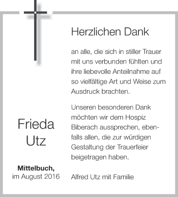 Anzeige von Frieda Utz von Schwäbische Zeitung