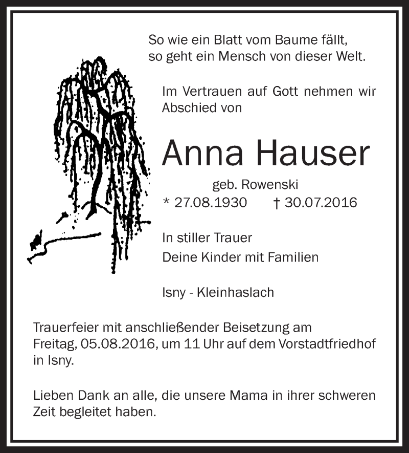  Traueranzeige für Anna Hauser vom 03.08.2016 aus Schwäbische Zeitung