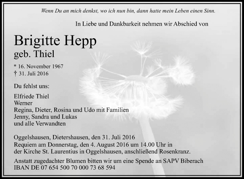  Traueranzeige für Brigitte Hepp vom 03.08.2016 aus Schwäbische Zeitung