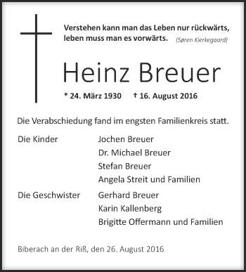 Anzeige von Heinz Breuer von Schwäbische Zeitung