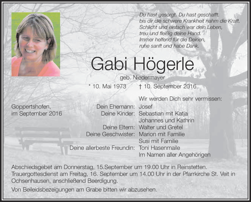  Traueranzeige für Gabi Högerle vom 14.09.2016 aus Schwäbische Zeitung