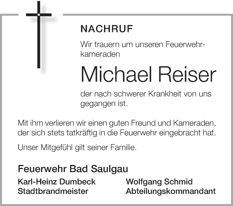  Traueranzeige für Michael Reiser vom 10.09.2016 aus Schwäbische Zeitung