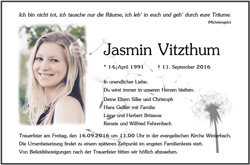  Traueranzeige für Jasmin Vitzthum vom 14.09.2016 aus Schwäbische Zeitung