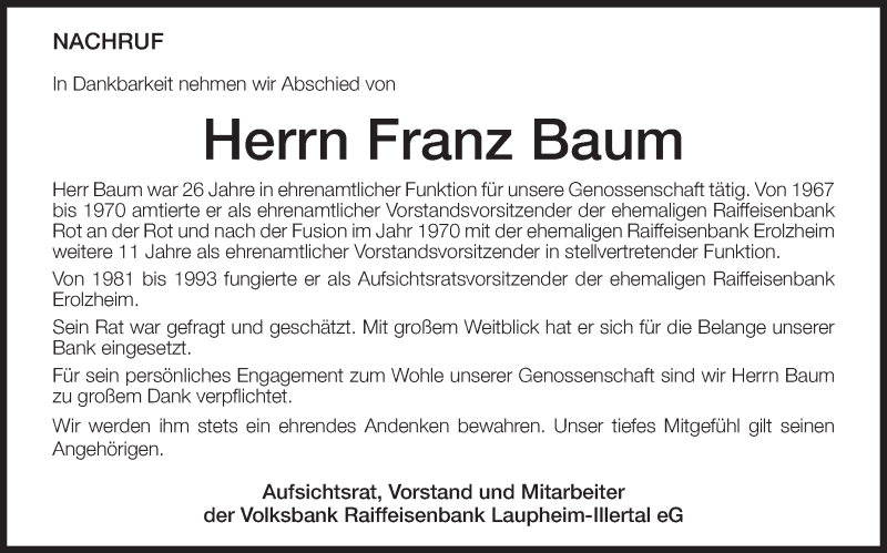  Traueranzeige für Franz Baum vom 08.09.2016 aus Schwäbische Zeitung