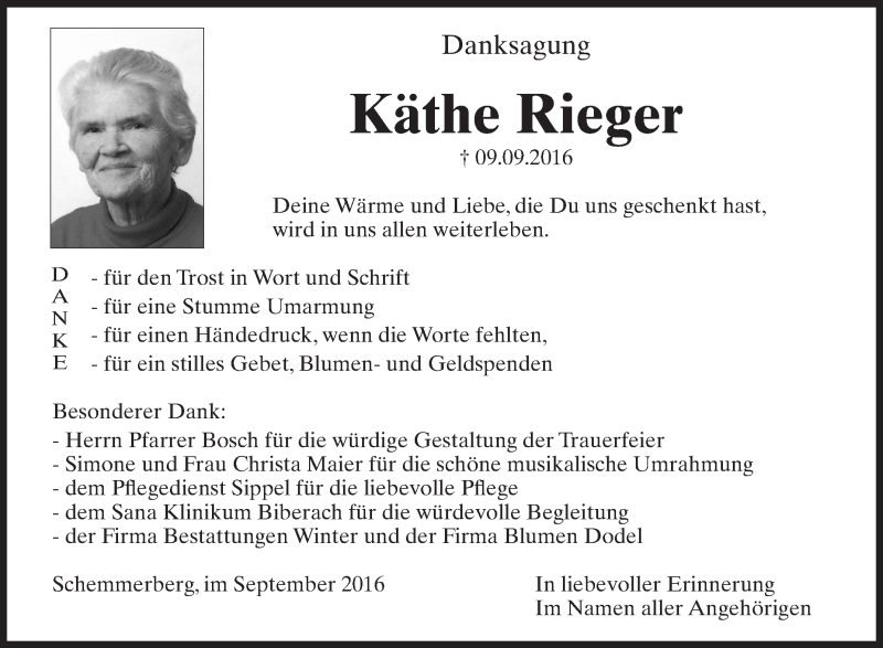  Traueranzeige für Käthe Rieger vom 24.09.2016 aus Schwäbische Zeitung