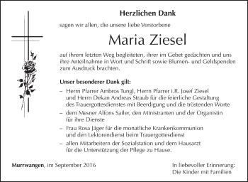 Anzeige von Maria Ziesel von Schwäbische Zeitung