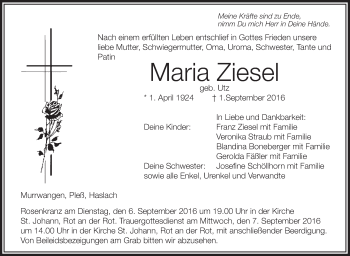 Anzeige von Maria Ziesel von Schwäbische Zeitung