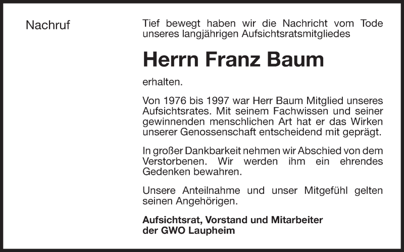  Traueranzeige für Franz Baum vom 09.09.2016 aus Schwäbische Zeitung