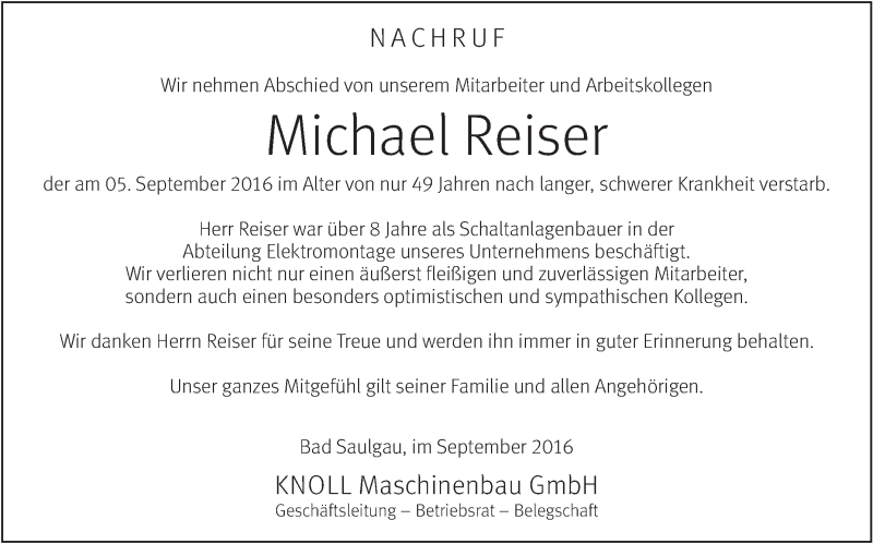  Traueranzeige für Michael Reiser vom 09.09.2016 aus Schwäbische Zeitung