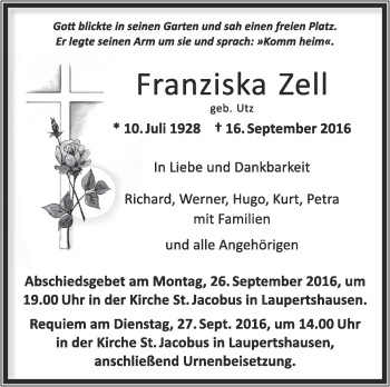 Anzeige von Franziska Zell von Schwäbische Zeitung