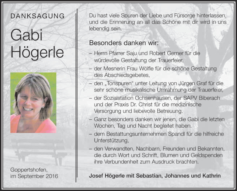 Traueranzeige für Gabi Högerle vom 24.09.2016 aus Schwäbische Zeitung