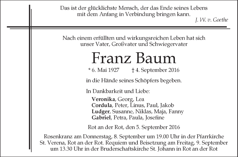  Traueranzeige für Franz Baum vom 06.09.2016 aus Schwäbische Zeitung