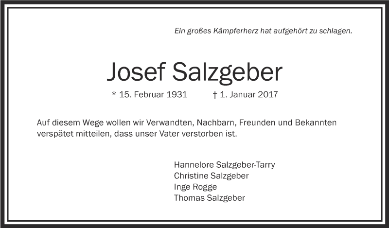  Traueranzeige für Josef Salzgeber vom 19.01.2017 aus Schwäbische Zeitung
