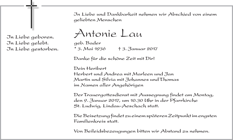 Traueranzeige für Antonie Lau vom 07.01.2017 aus Schwäbische Zeitung