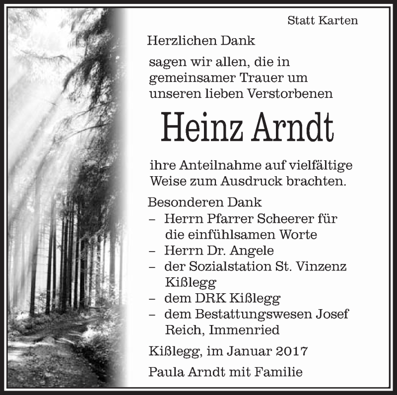  Traueranzeige für Heinz Arndt vom 28.01.2017 aus Schwäbische Zeitung