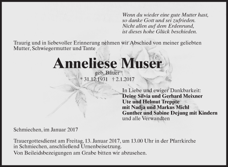 Traueranzeigen Von Anneliese Muser Schwaebische De Trauerportal