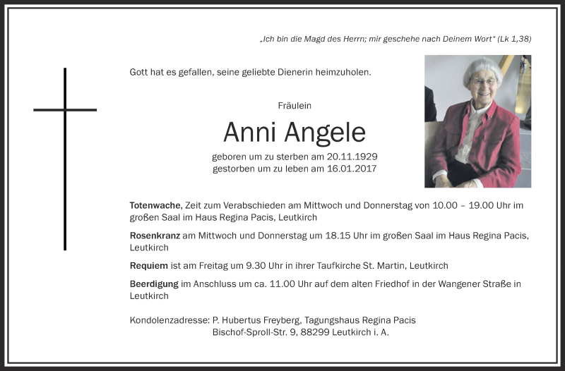  Traueranzeige für Anni Angele vom 18.01.2017 aus Schwäbische Zeitung