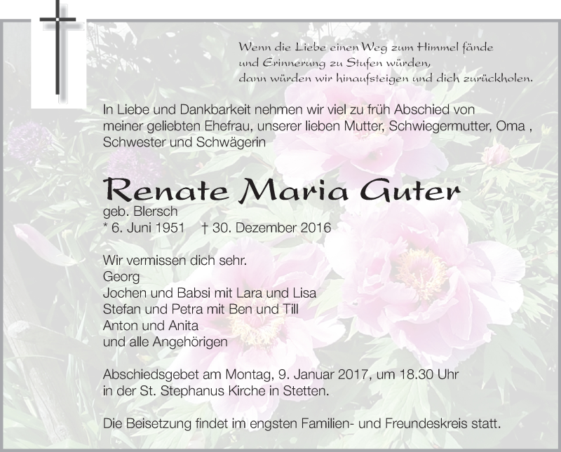  Traueranzeige für Renate Maria Guter vom 07.01.2017 aus Schwäbische Zeitung