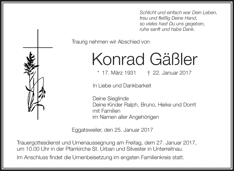  Traueranzeige für Konrad Gäßler vom 25.01.2017 aus Schwäbische Zeitung