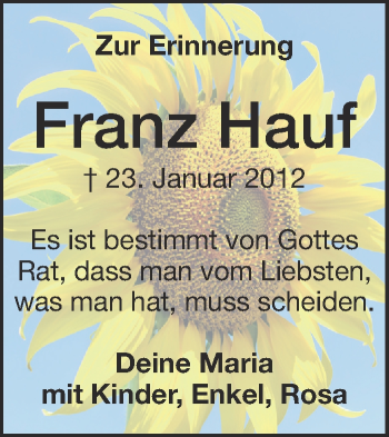Anzeige von Franz Hauf von Schwäbische Zeitung