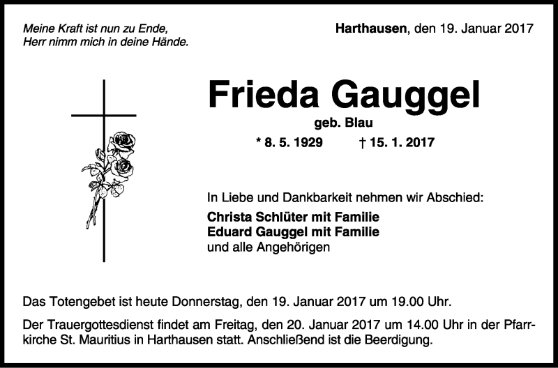  Traueranzeige für Frieda Gauggel vom 19.01.2017 aus Schwäbische Zeitung