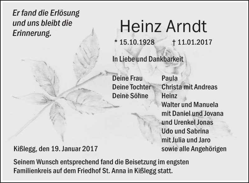  Traueranzeige für Heinz Arndt vom 19.01.2017 aus Schwäbische Zeitung