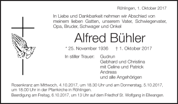 Anzeige von Alfred Bühler von Schwäbische Zeitung