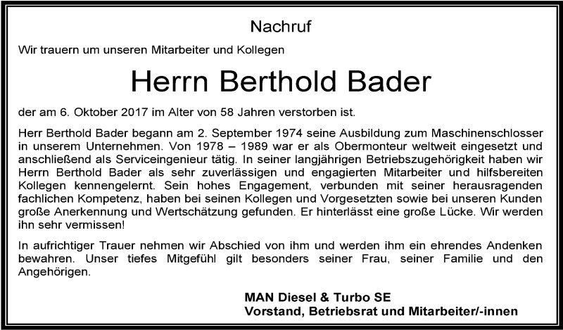  Traueranzeige für Berthold Bader vom 13.10.2017 aus Schwäbische Zeitung