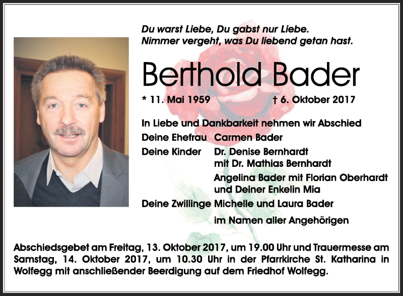  Traueranzeige für Berthold Bader vom 12.10.2017 aus Schwäbische Zeitung