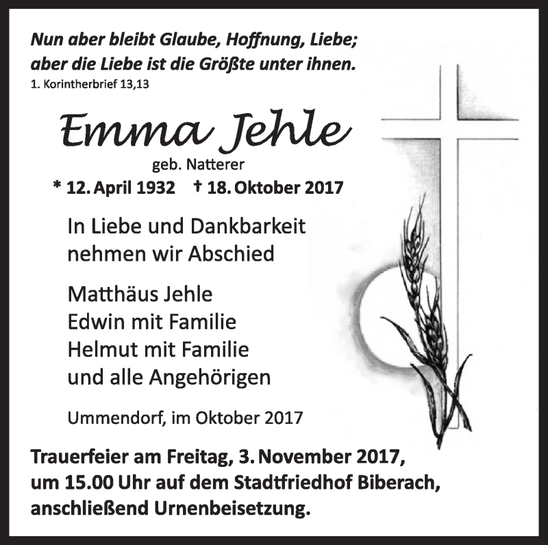  Traueranzeige für Emma Jehle vom 28.10.2017 aus Schwäbische Zeitung
