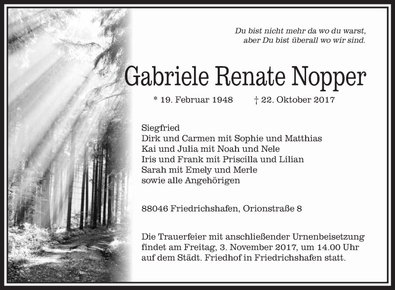  Traueranzeige für Gabriele Renate Nopper vom 27.10.2017 aus Schwäbische Zeitung