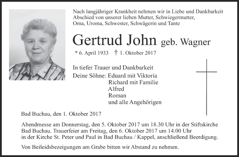 Traueranzeigen von Gertrud John | schwaebische.de Trauerportal