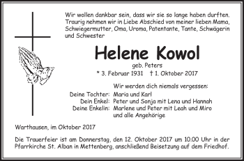 Anzeige von Helene Kowol von Schwäbische Zeitung