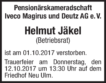 Anzeige von Helmut Jäkel von Schwäbische Zeitung