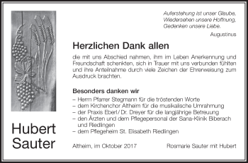 Anzeige von Hubert Sauter von Schwäbische Zeitung